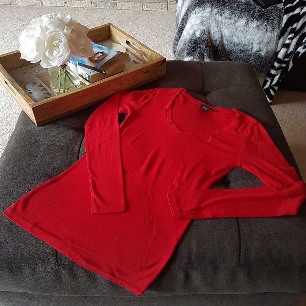 Ralph Lauren Sport Bright Red V-Neck Long Sleeve Fitted T-shirt